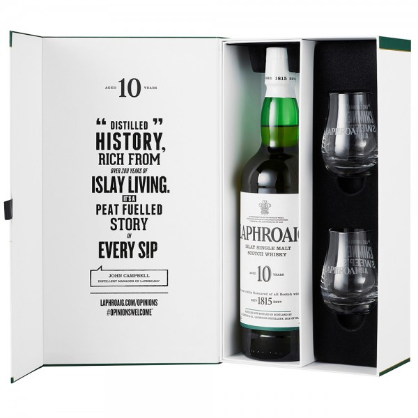 Laphroaig 10 Jahre Geschenkbox mit 2 Nosinggläsern 0,70 Ltr. Flasche 40% Vol. Whisky